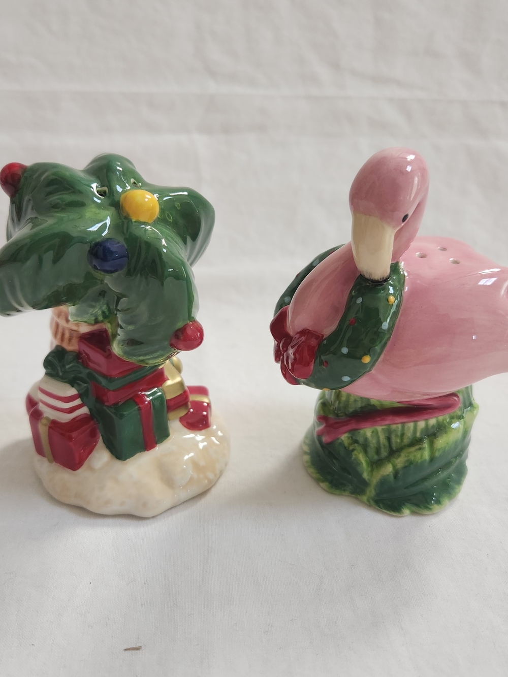 Christmas Pink Flamingo & Festive Tree Ceramic Salt and Pepper Shaker Set